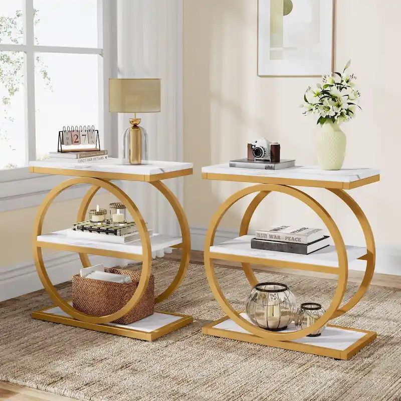 Narrow End Table with 3 Storage Shelves, Wood Side Table for Living Room