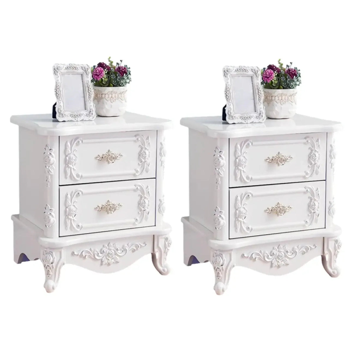 Traditional White Wood Carved 3-Drawer Nightstand