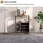 Grey 3-Tier Industrial Wine Bar Cabinet (12+ Bottles)  36H x 24W x 15D, Detachable Rack, 9 Glass Holders & Adjustable Shelves for Home/Bar