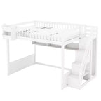 Queen Loft Bed Frame with Staircase, Wardrobe & Storage Shelves - MDF, 650 lb