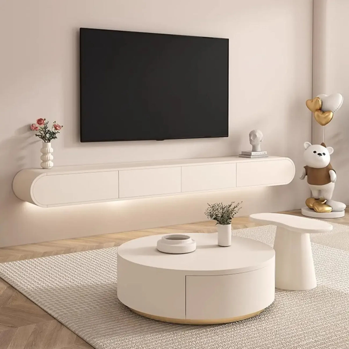 White Wooden Floating TV Stand with Storage for Living Room