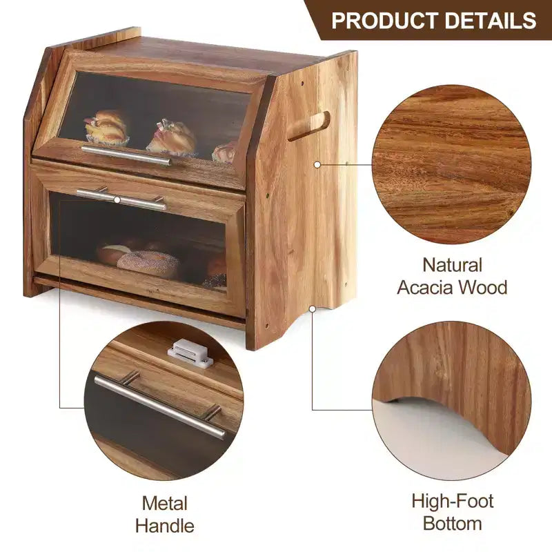 Bread Box, Double Layer Acacia Wooden Bread Bin with Clear Acrylic Door Panel, Air Vents, Countertop Bread Container, Rustic Brown Bread Holder