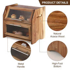 Bread Box, Double Layer Acacia Wooden Bread Bin with Clear Acrylic Door Panel, Air Vents, Countertop Bread Container, Rustic Brown Bread Holder