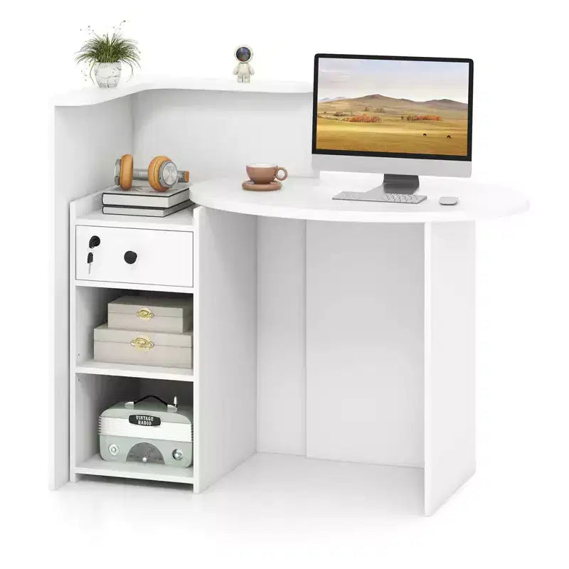 Costway Front Reception Counter Desk Checkout Office Desk with Open Shelf & Lockable Drawer White/Brown/Black