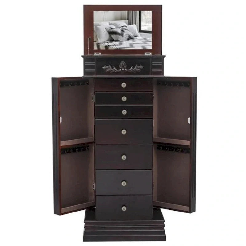 Stylish Jewelry Armoire with Mirror and Necklace Hooks - 18.5 x 12 x 42