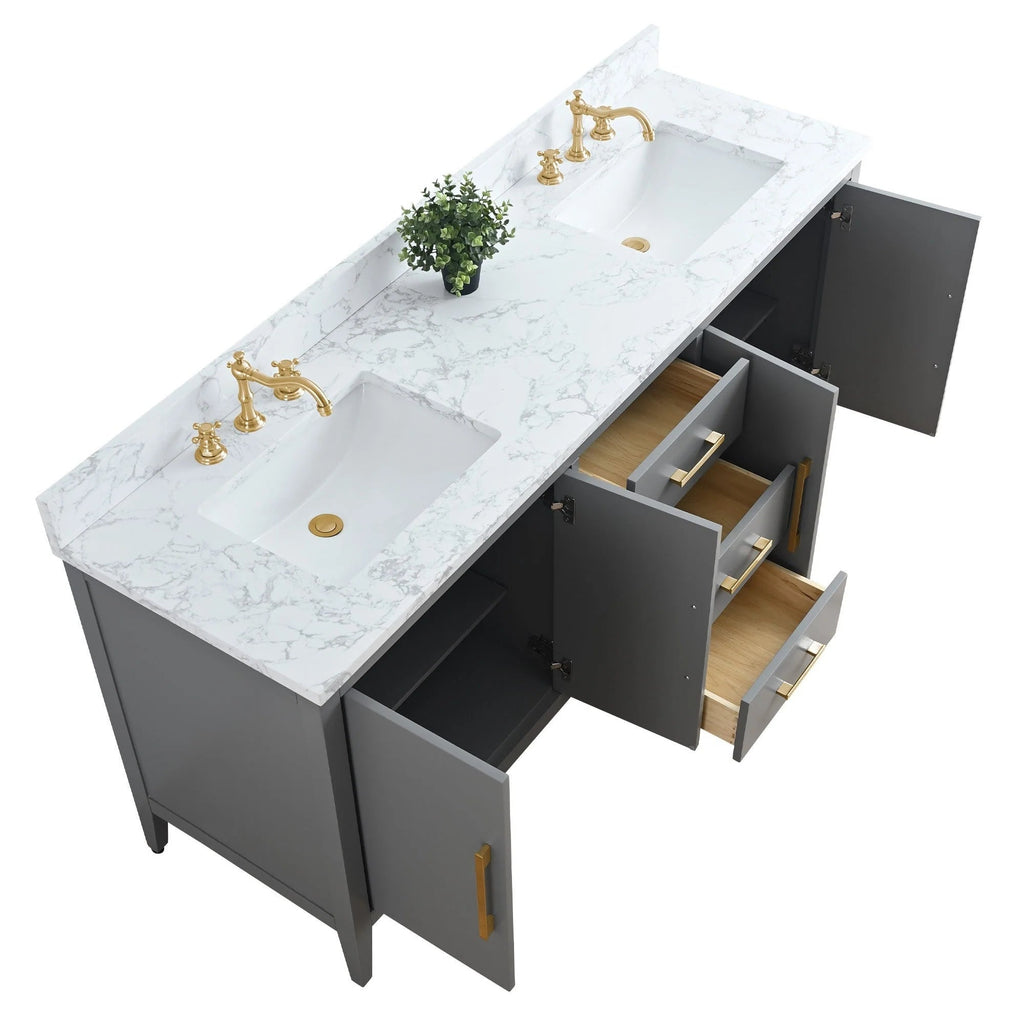 Vanity Art 72 Double Sink Bathroom Vanity Cabinet with Engineered Marble Top