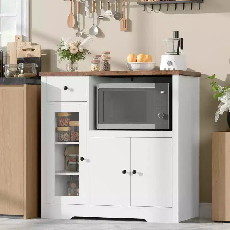 White & Walnut Kitchen Microwave Cabinet - 3-Door Pantry Storage Buffet with Adjustable Shelves for Dining Room, Living Room & Hallway