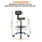 Height Adjustable Drafting Stool - With Premium Leather, Rolling Wheels
