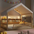 Whisen Full Size Wooden Floor Bed Frame, House-Shaped Daybed with Fense, 3 Storage Bookshelves, Curtain