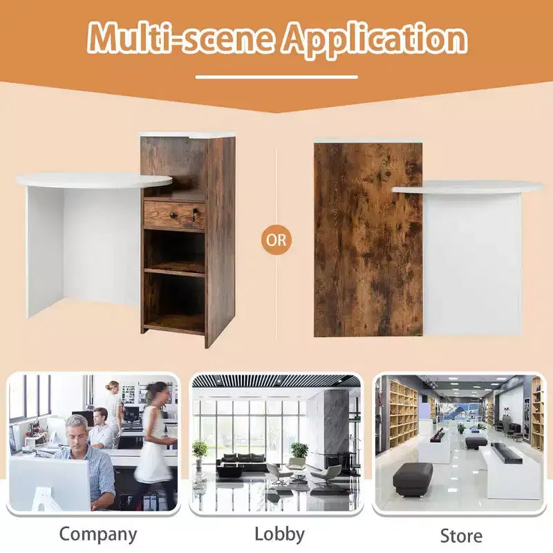 Costway Front Reception Counter Desk Checkout Office Desk with Open Shelf & Lockable Drawer White/Brown/Black