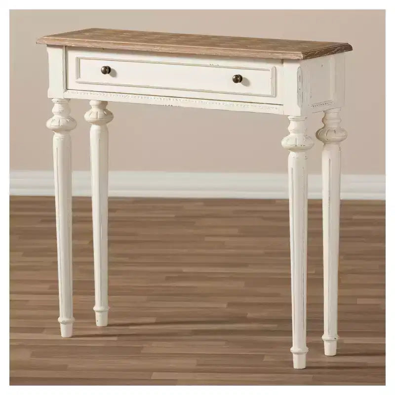 Marquetterie French Provincial Style Weathered Oak & Distressed Wood Console Table - White - Baxton Studio: Vintage, Carved Legs