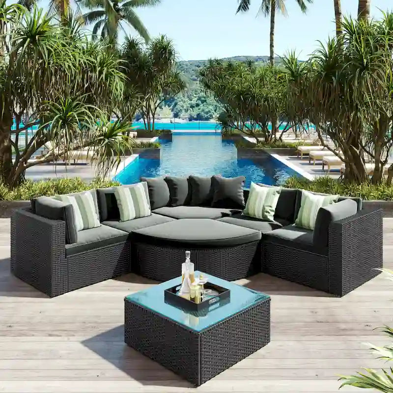 Modern 7-Piece Outdoor Wicker Sofa Set with Coffee Table, Cushions, and Striped Pillows, Suitable for Patio, Garden, Deck