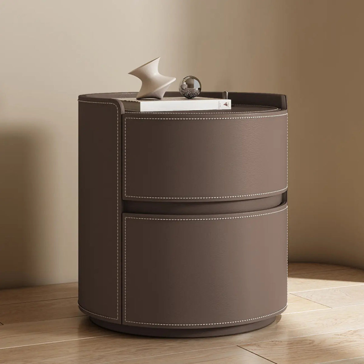 Modern Leather Tray Round 2-Drawer Nightstand