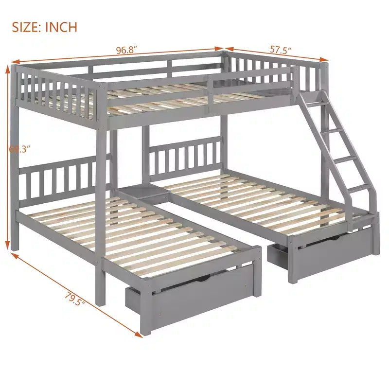 Full Over Twin & Twin Bunk Bed for 3, Wooden Triple Bunk Bed with 2 Storage Drawers, can be Divided into 3 Separate Beds