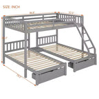 Full Over Twin & Twin Bunk Bed for 3, Wooden Triple Bunk Bed with 2 Storage Drawers, can be Divided into 3 Separate Beds