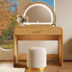 Makeup Vanity Table with Large Mirror and Touch Screen, Vanity Desk with Large Drawer and Arched Corner, Dressing Table for Bedroom