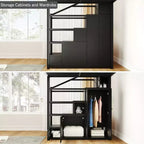 Queen Size Metal Loft Bed with Storage Shelves, Cabinets and Wardrobe