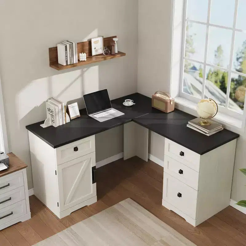 60 Farmhouse L-Shaped Executive Desk  Corner Home Office Desk with File Drawer, Storage Cabinet & Adjustable Shelf