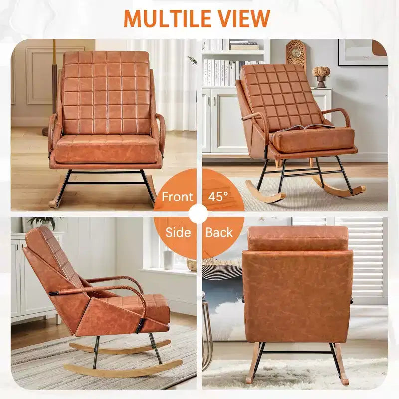 VECELO Upholstered Faux Leather/Teddy Fabric Rocking Chair Modern Lounge Rocker Recliner with Padded Seat, Safe Solid Wood Base White/Brown
