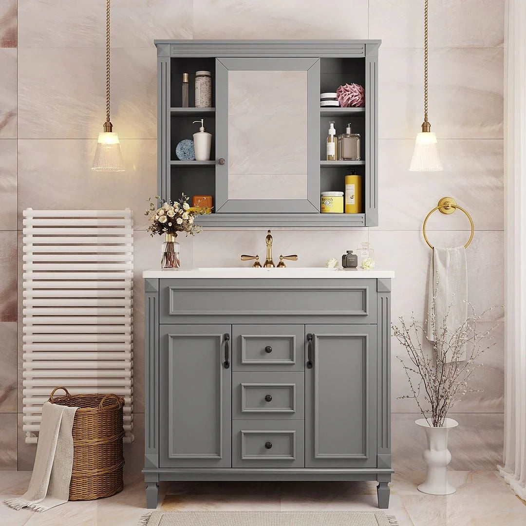 36 Modern Bathroom Vanity with Top Sink and Mirror Cabinet,2 Doors and 2 Drawers