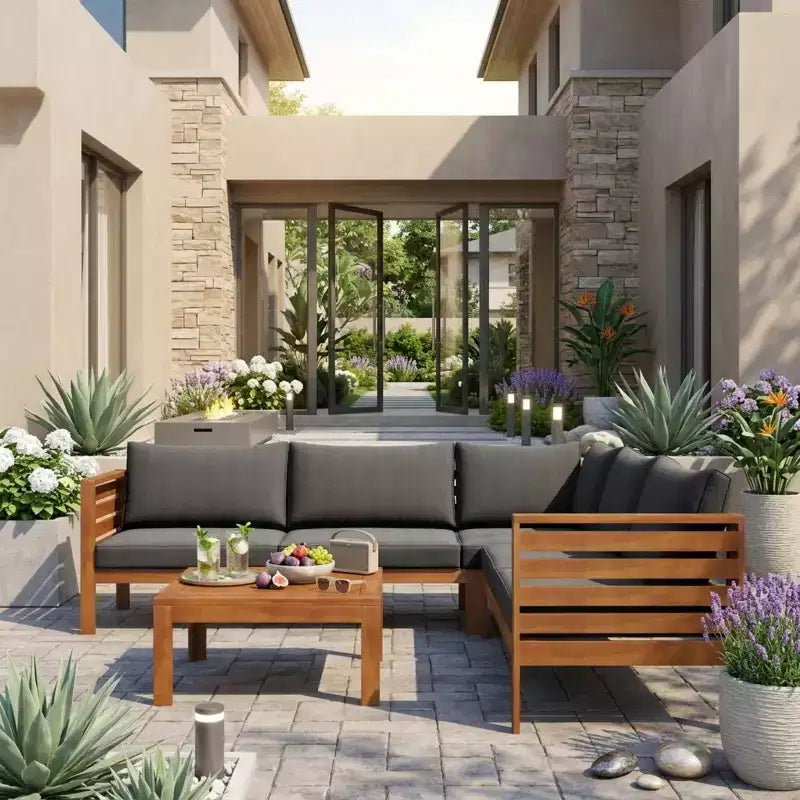 Polibi Acacia Corner Outdoor Sofa Set with Matching Coffee Table