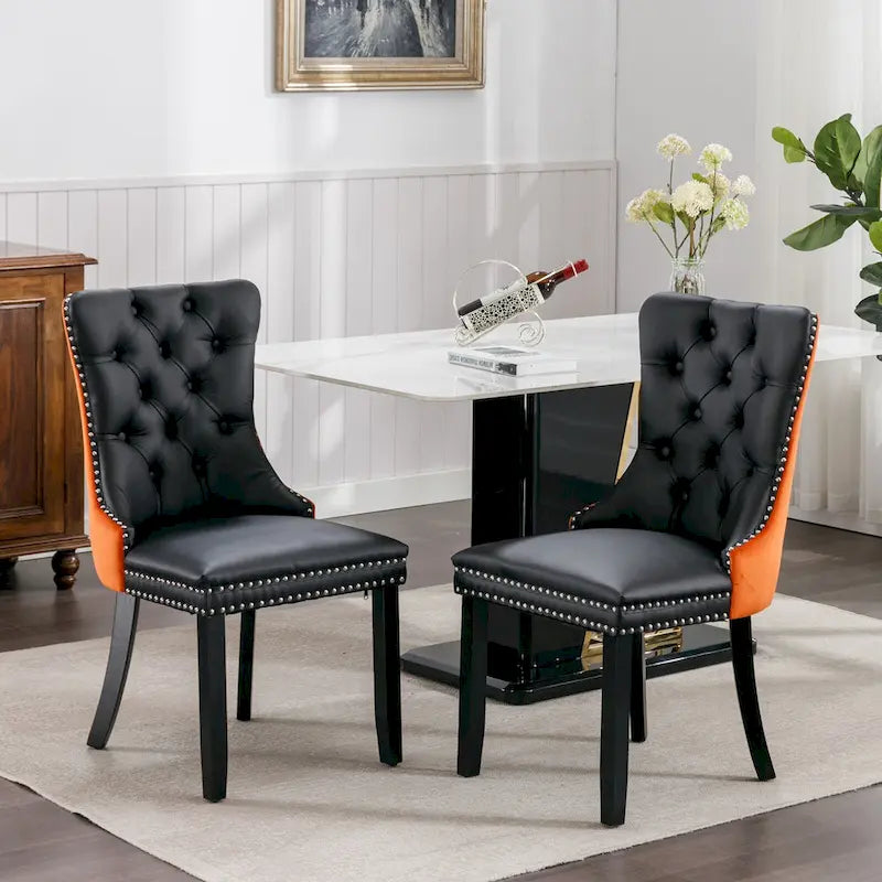 High Back Dining Chairs Set of 2, Upholstered PU Leather Kitchen Chairs Side Chair with Rear Handle Wood Legs
