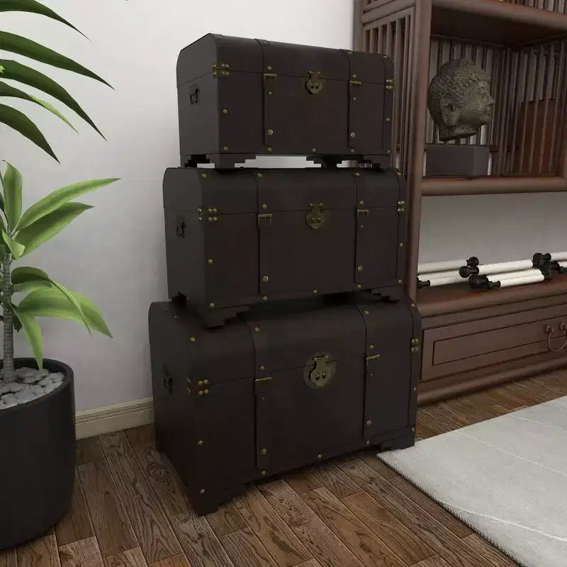 Set of 3 Traditional Wood Trunks Brown - Olivia & May: Distressed Finish, No Assembly, Decorative Storage