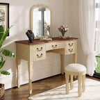 Vintage Vanity Set, Vintage Makeup Vanity Desk, 46 Inch Dressing Table with Curved Flower Mirror, 5 Drawers Storage