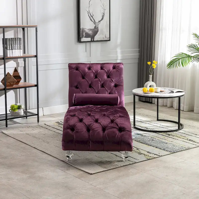 Purple Upholstered Tufted Chaise Lounge Chair with Pillow and Acrylic Legs