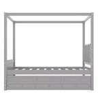 Twin/Full Size Platform Bed with Trundle, Princess Wood Canopy Bed with 3 Drawers, Storage Bed with Upholstered Headboard for Bedroom