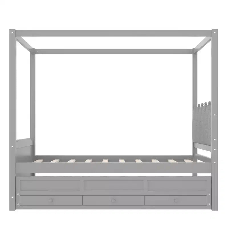 Twin/Full Size Platform Bed with Trundle, Princess Wood Canopy Bed with 3 Drawers, Storage Bed with Upholstered Headboard for Bedroom