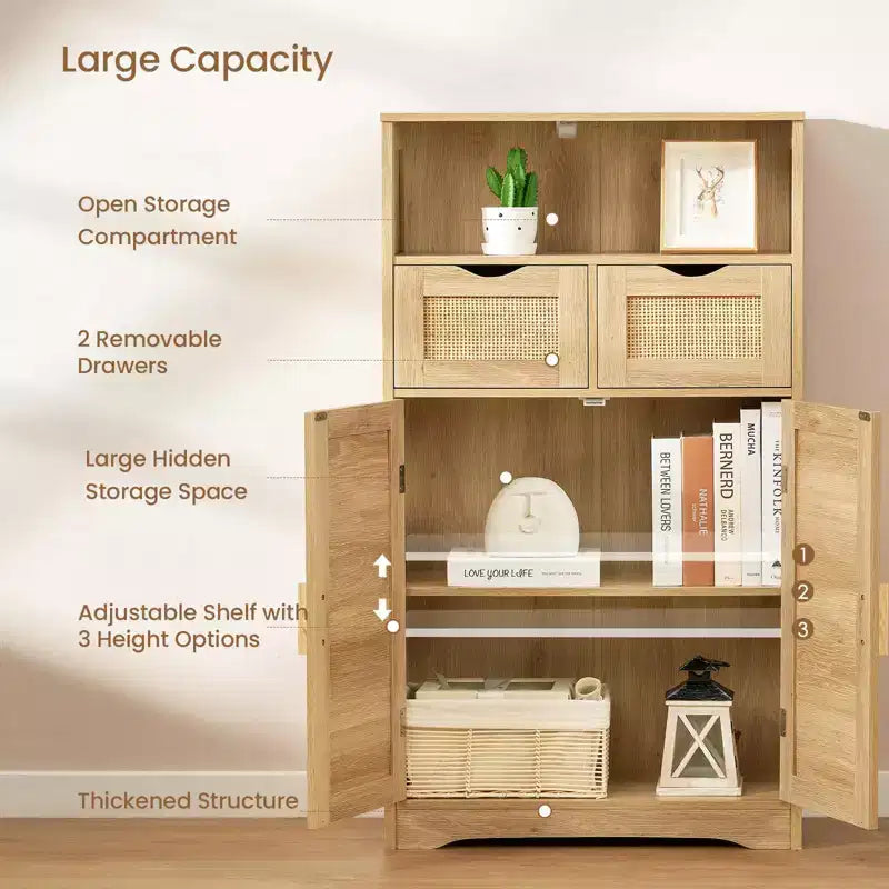 Rattan Storage Cabinet with 2 Drawers & Adjustable Shelves for Kitchen/Home