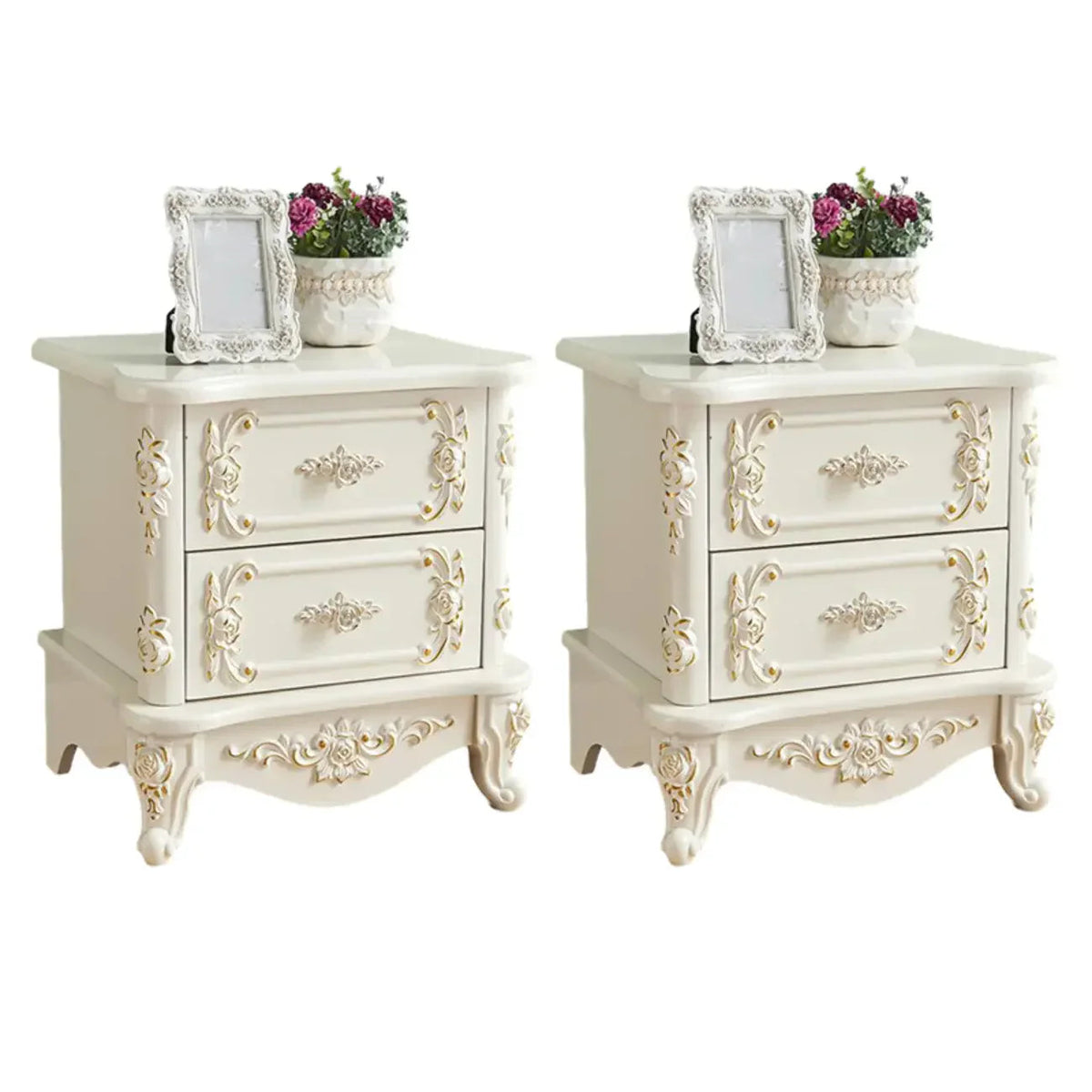 Traditional White Wood Carved 3-Drawer Nightstand