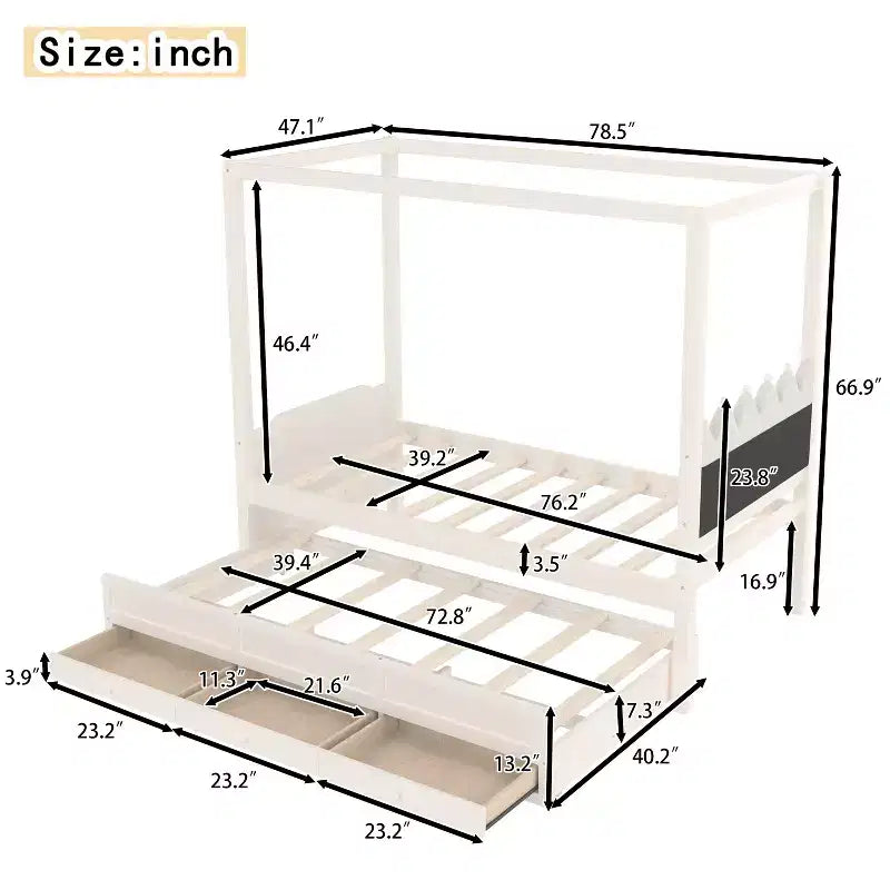 Twin/Full Size Platform Bed with Trundle, Princess Wood Canopy Bed with 3 Drawers, Storage Bed with Upholstered Headboard for Bedroom