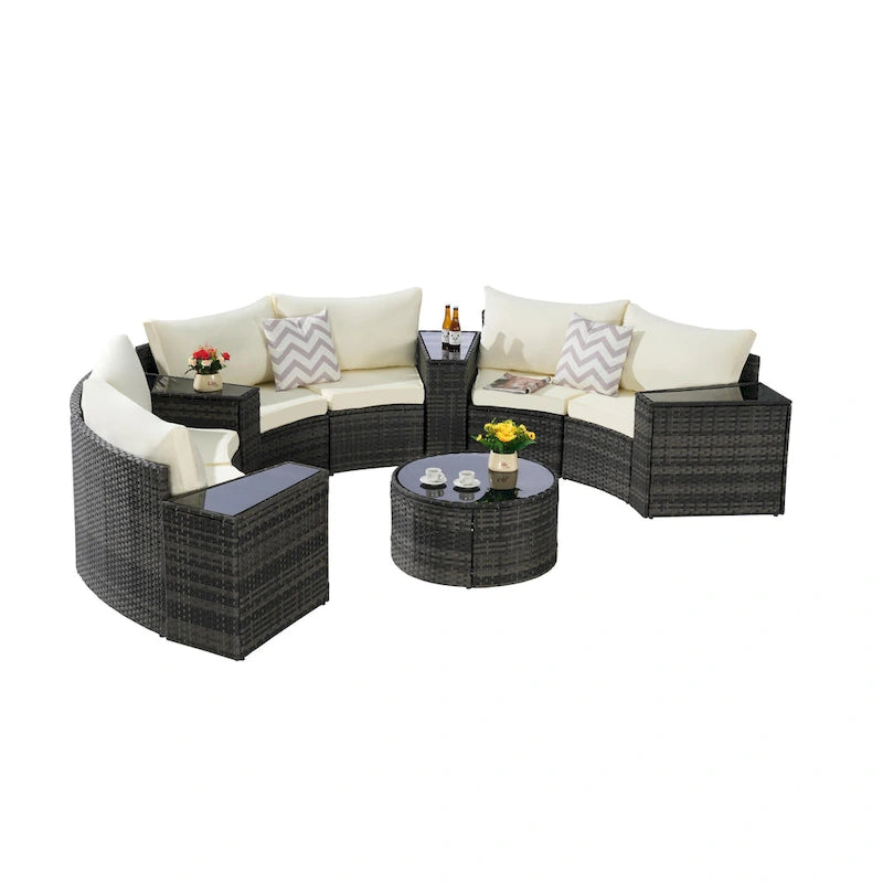 11-Piece Outdoor Half-Round Modular Sectional Sofa Set with Tempered Glass Coffee Table and 4 Side Table