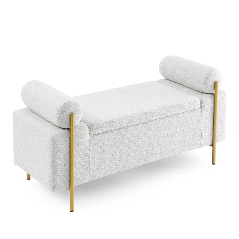 Upholstered Linen Storage Bench with Cylindrical Arms and Gold Metal Legs