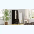 Hitow Armoire Double Drawer Mirrored Door Closet Zoned Storage