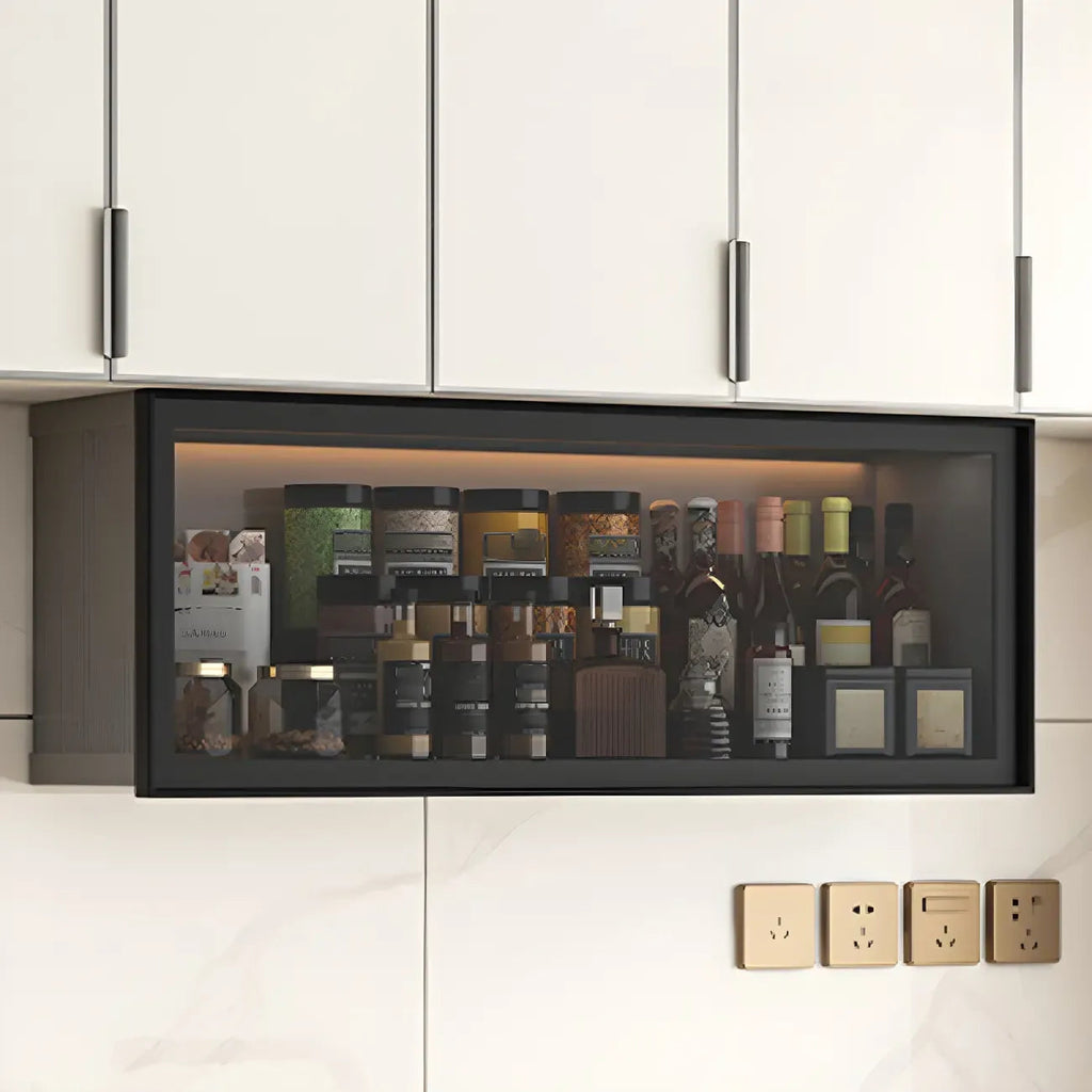 Grey Metal Floating Mounted Glass Kitchen China Cabinet