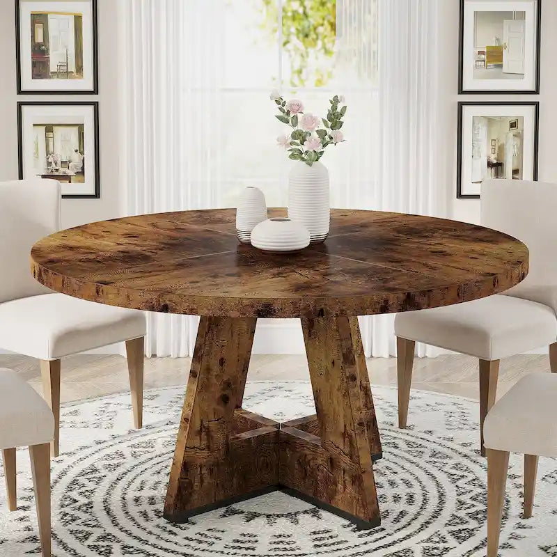 47 Inch Round Dining Table for 4, Wood Farmhouse Dinner Dinning Table for Kitchen Dining Living Room