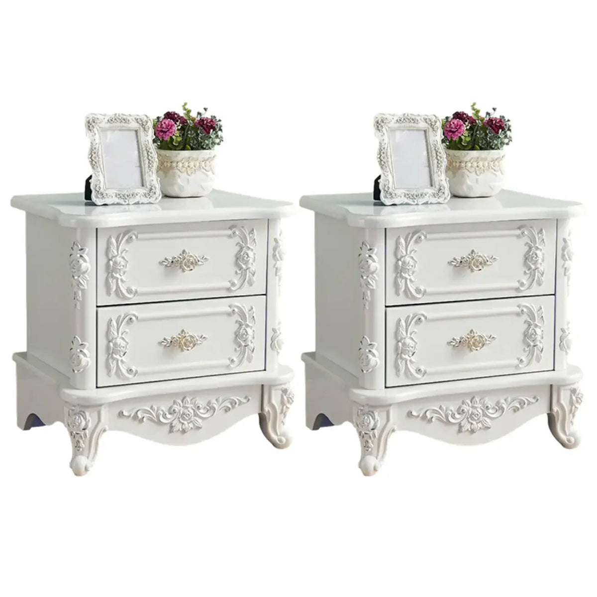 Traditional White Wood Carved 3-Drawer Nightstand