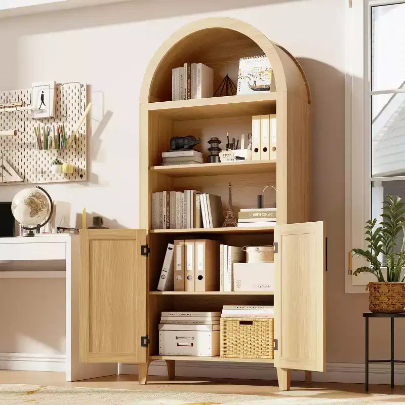 Acekool Arched Pantry Cabinet with Rattan Doors, 5-Tier Farmhouse Storage Cabinet for Kitchen Dining Living Room