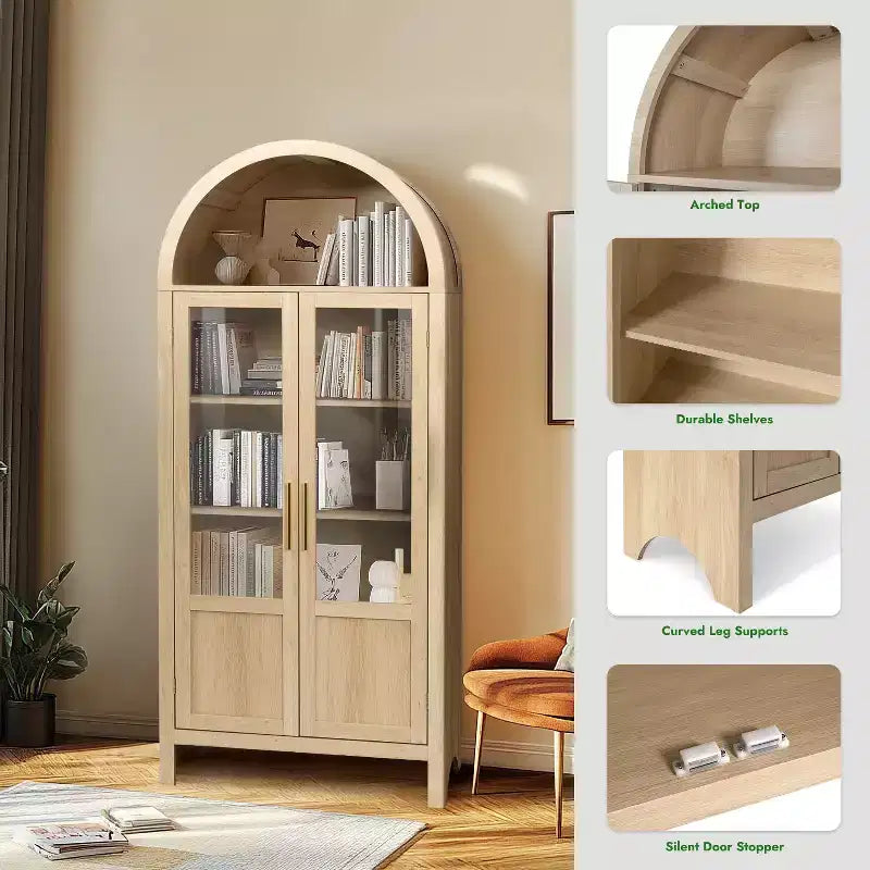 71 Tall Arched Storage Cabinet with 2 Acrylic Doors and Shelves for Living Room