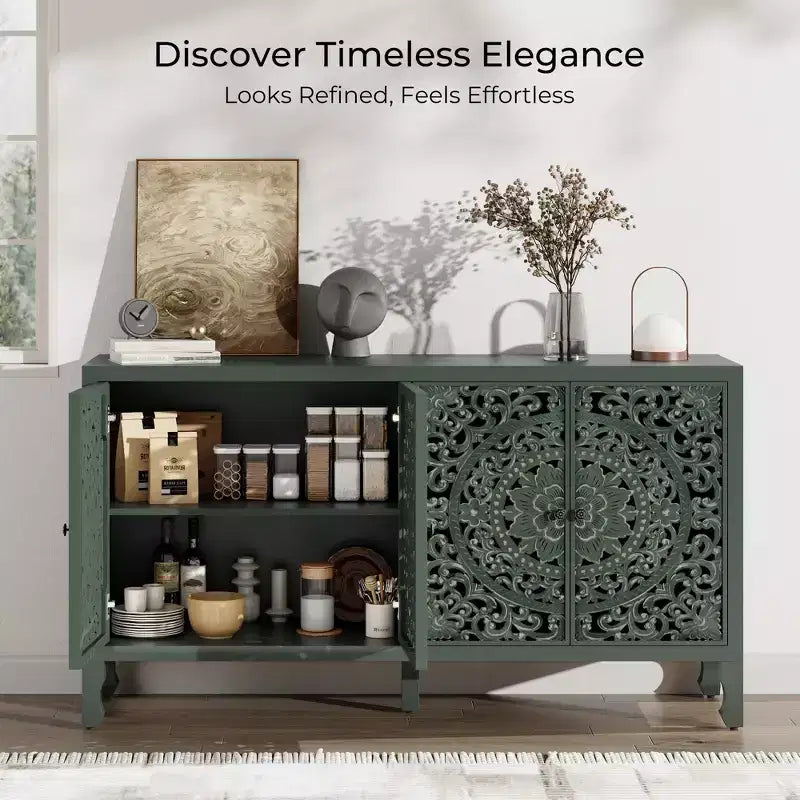 Buffet Cabinet with Storage, Distressed Storage Cabinet with 4 Carved Doors and Adjustable Shelf, Wooden Accent Sideboard Buffet Cabinets