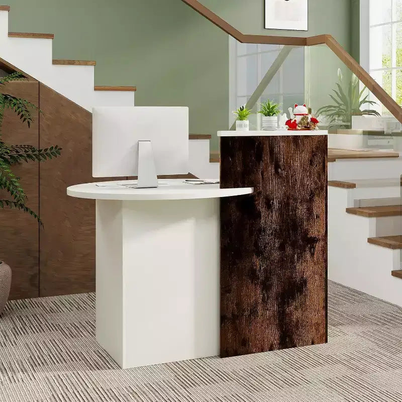 Costway Front Reception Counter Desk Checkout Office Desk with Open Shelf & Lockable Drawer White/Brown/Black