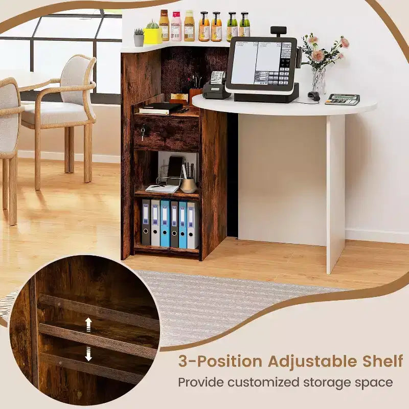 Costway Front Reception Counter Desk Checkout Office Desk with Open Shelf & Lockable Drawer White/Brown/Black