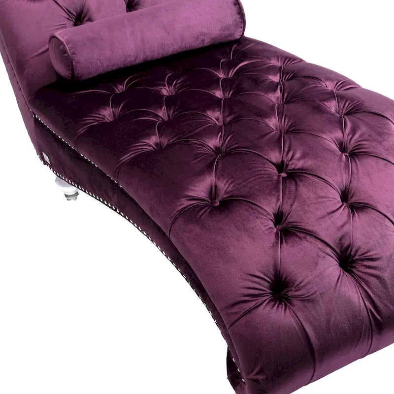Purple Upholstered Tufted Chaise Lounge Chair with Pillow and Acrylic Legs
