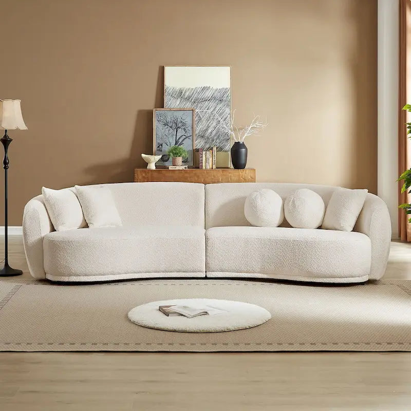 Deep Seat Curved Sectional Sofa, Boucle Fabric with 5 Throw Pillows