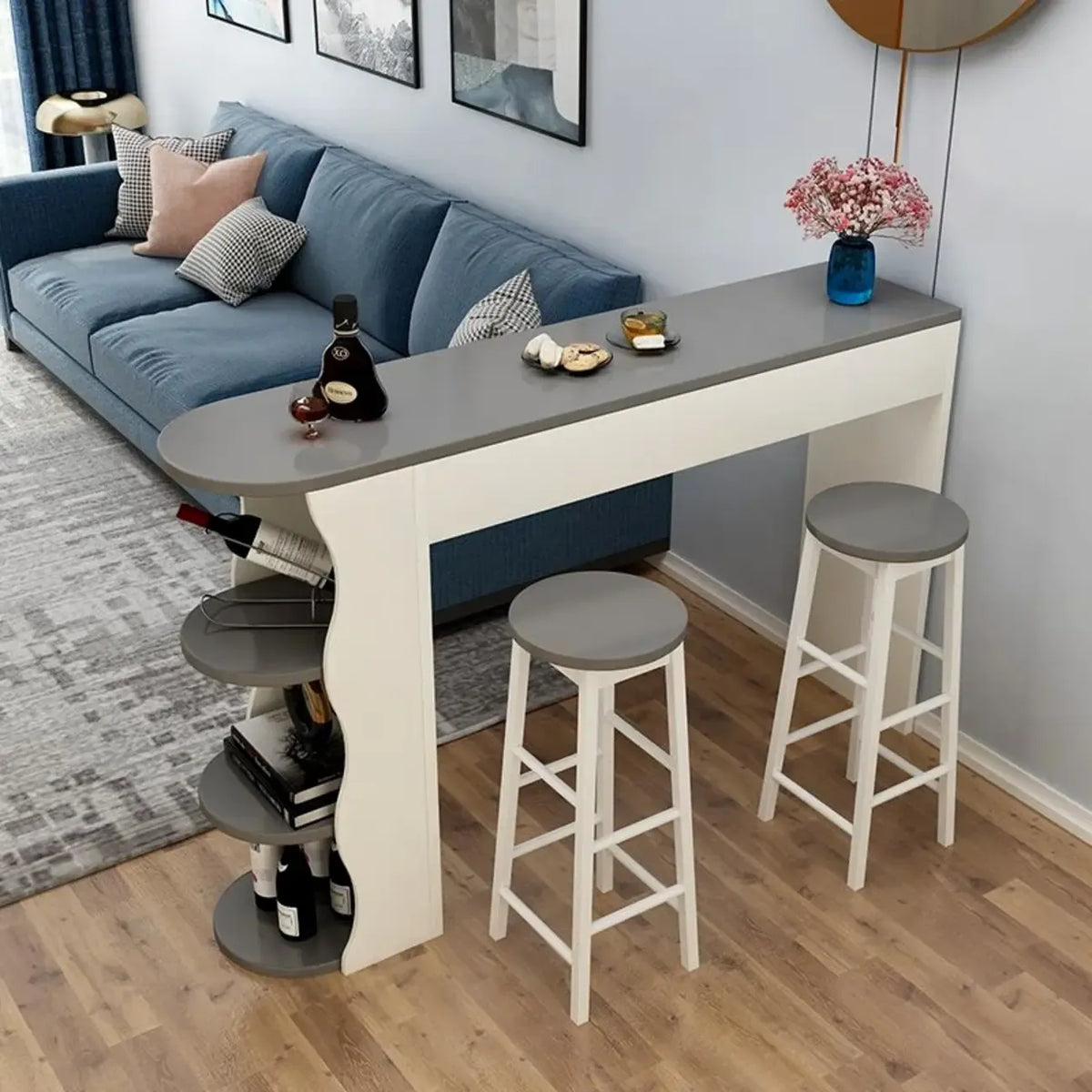 Modern Black-White Wooden Asymmetrical Shelves Bar Tables