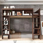 Whisen Queen Size Wooden Loft Bed Frame with Storage Cabinets and Shelves