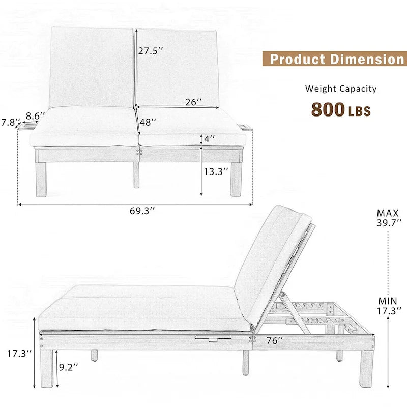 5-Position Adjustable 2 Chaise Lounge,Folding Trays for Poolside,Patio